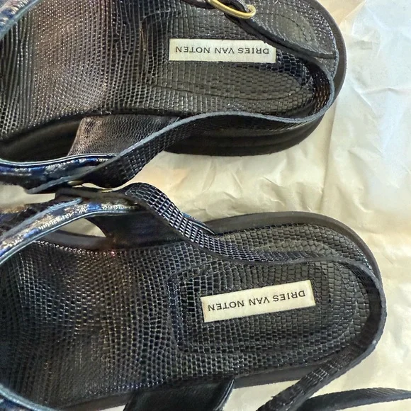 Dries Van Noten Black and Blue Sandals, Jet Beads and Lizard embossed leather - Picture 7 of 10